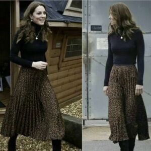 Zara Leopard Print Pleated Midi Skirt Size XS